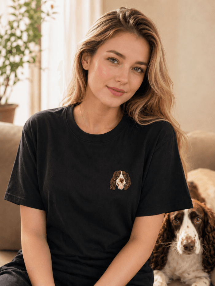 Custom Pet Embroidery T-Shirt lifestyle product image featuring personalized dog or cat embroidery T-shirt portrait