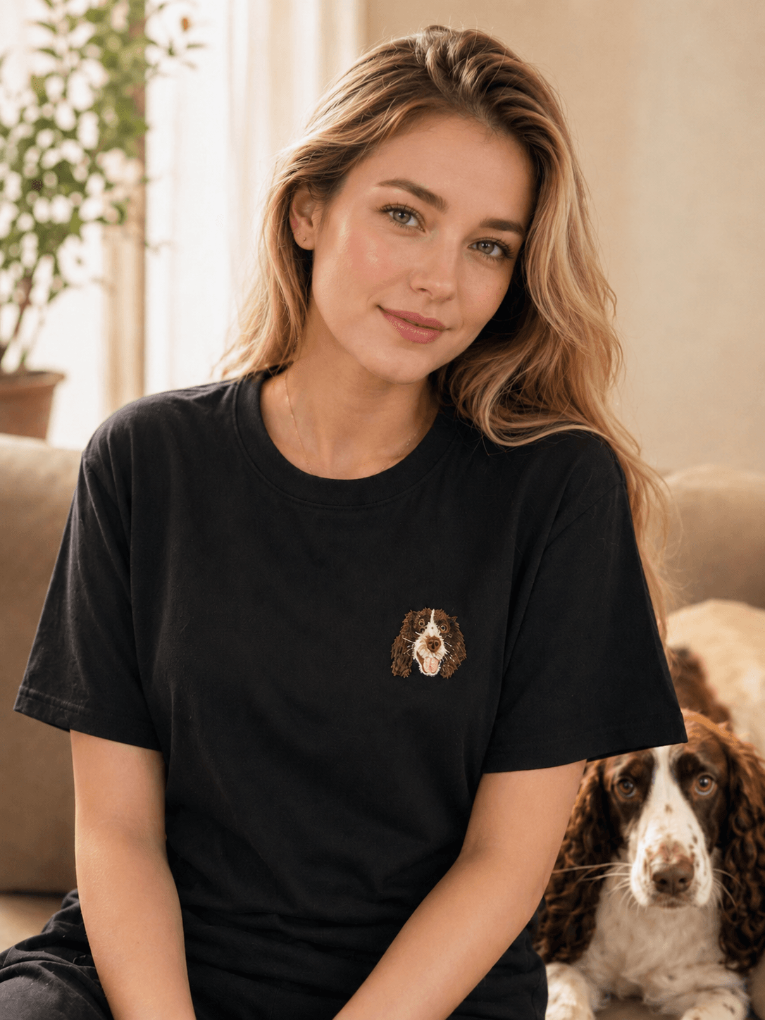 Custom Pet Embroidery T-Shirt lifestyle product image featuring personalized dog or cat embroidery T-shirt portrait