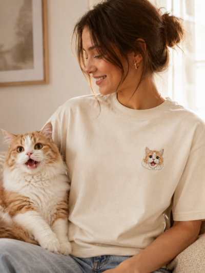 Custom Pet Embroidery T-Shirt main product image featuring personalized dog or cat embroidery T-shirt portrait