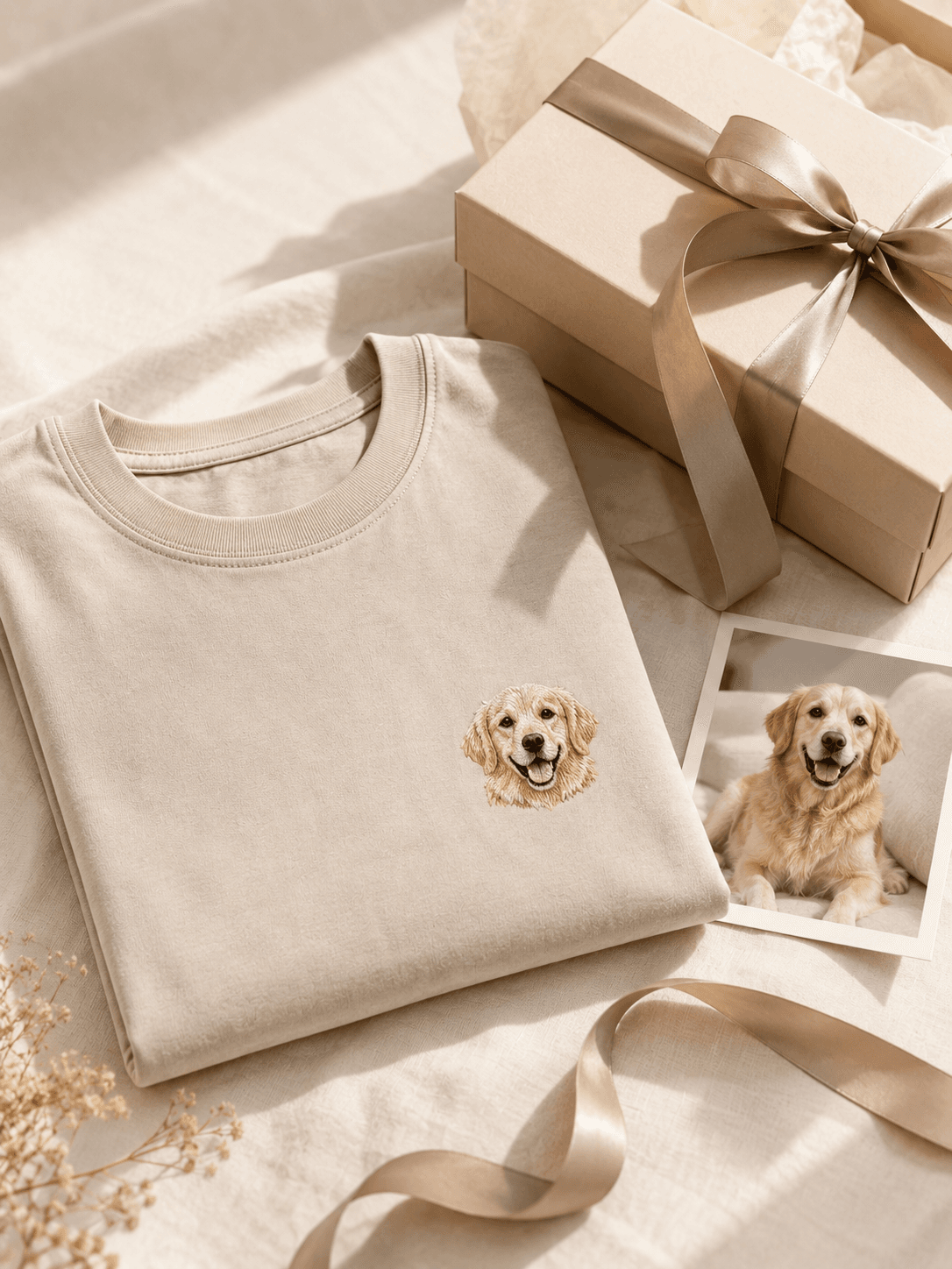 Custom Pet Embroidery T-Shirt detail and personalization image featuring personalized dog or cat embroidery T-shirt portrait