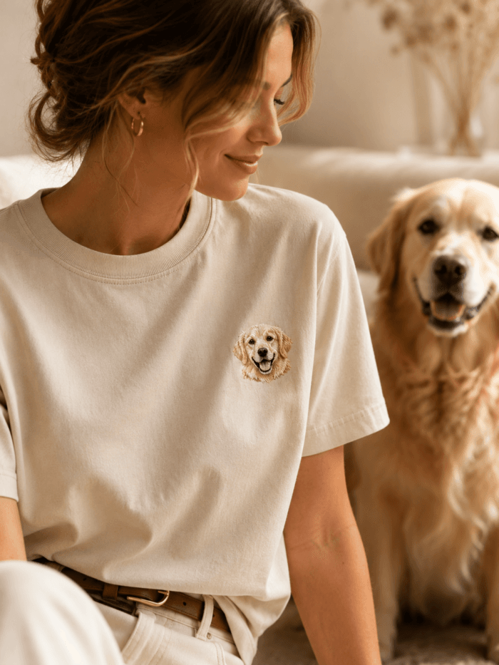 Custom Pet Embroidery T-Shirt detail and personalization image featuring personalized dog or cat embroidery T-shirt portrait