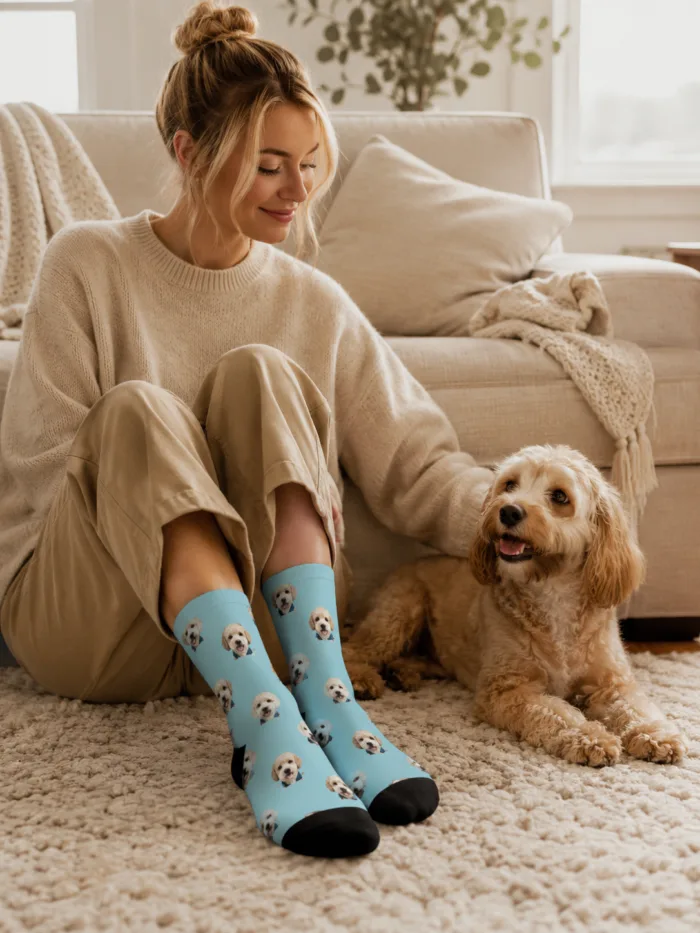 Custom Pet Face Socks Personalized Dog and Cat Photo Socks Custom Pet Face Socks main product view with personalized design details