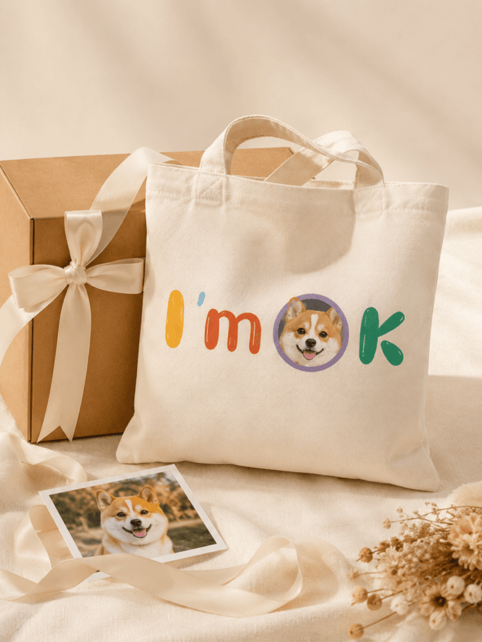 Custom Pet Photo Tote Bag detail and personalization image featuring personalized pet photo canvas tote bag design
