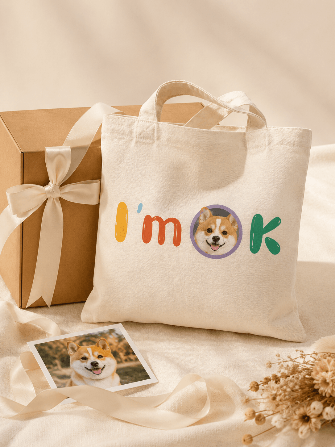 Custom Pet Photo Tote Bag detail and personalization image featuring personalized pet photo canvas tote bag design