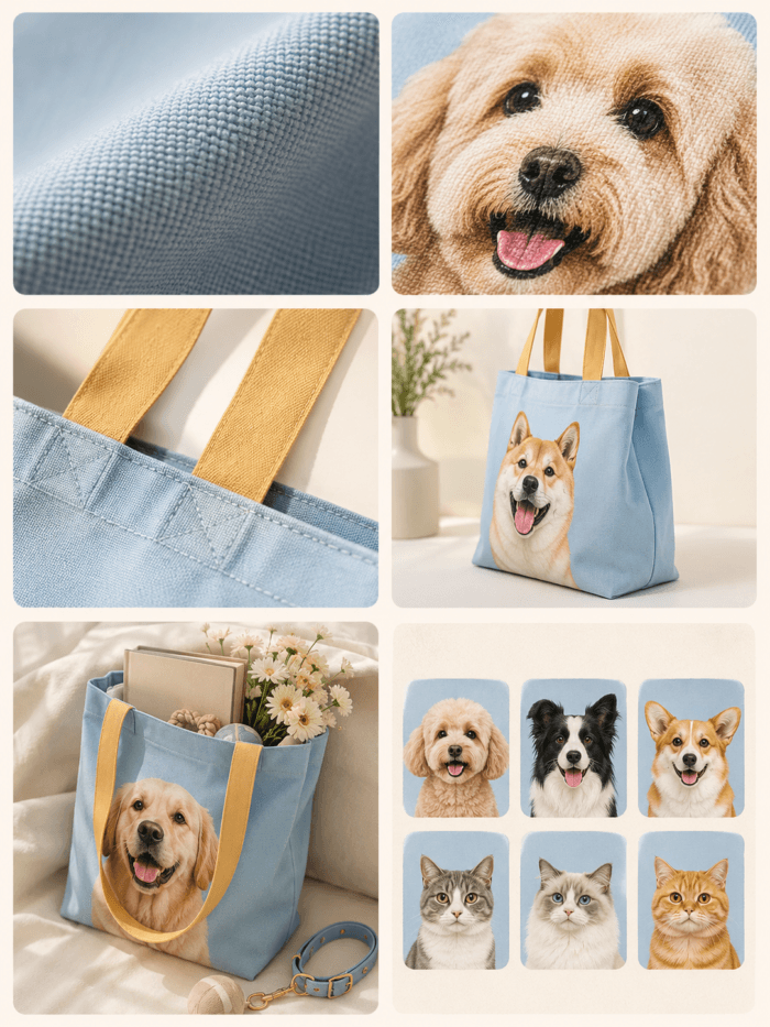 Custom Pet Photo Tote Bag product gallery image featuring personalized pet photo canvas tote bag design