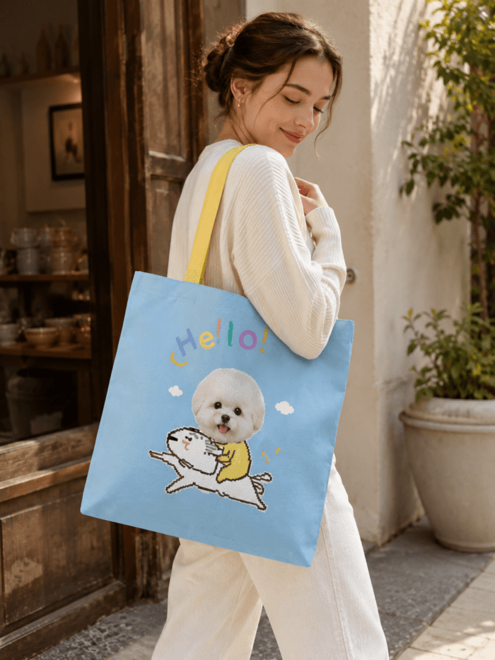 Custom Pet Photo Tote Bag detail and personalization image featuring personalized pet photo canvas tote bag design