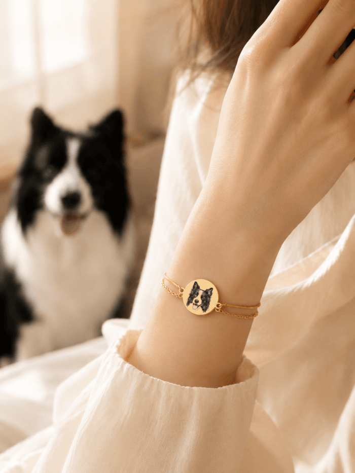 Custom Pet Portrait Bracelet detail and personalization image featuring personalized pet portrait bracelet jewelry