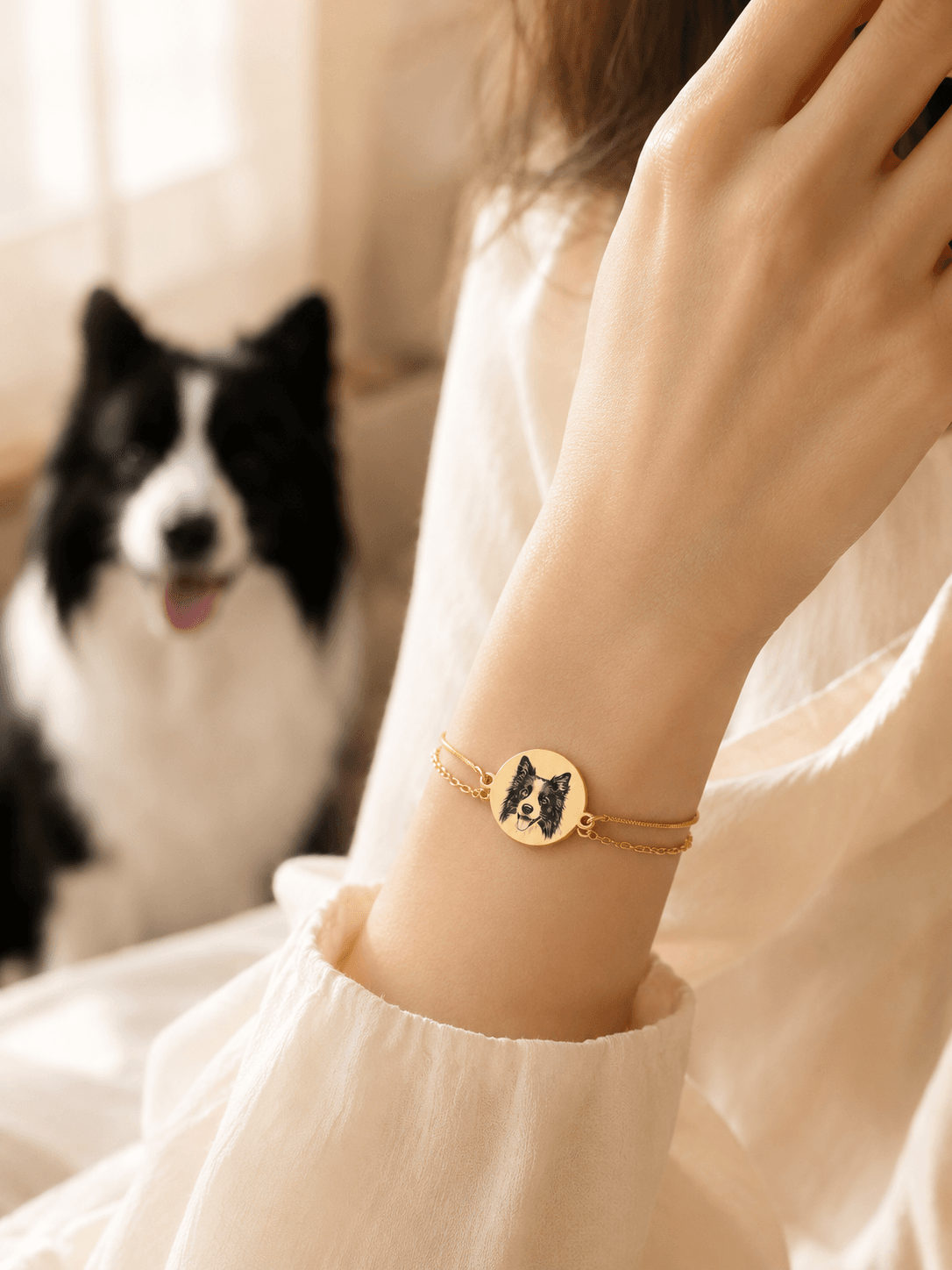 Custom Pet Portrait Bracelet detail and personalization image featuring personalized pet portrait bracelet jewelry