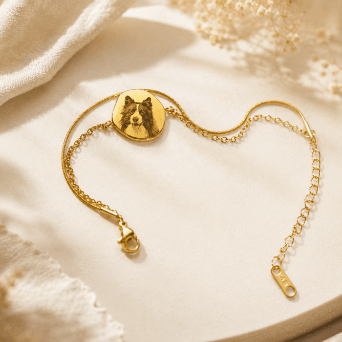 Gold-tone custom pet photo bracelet with organic-shaped portrait charm