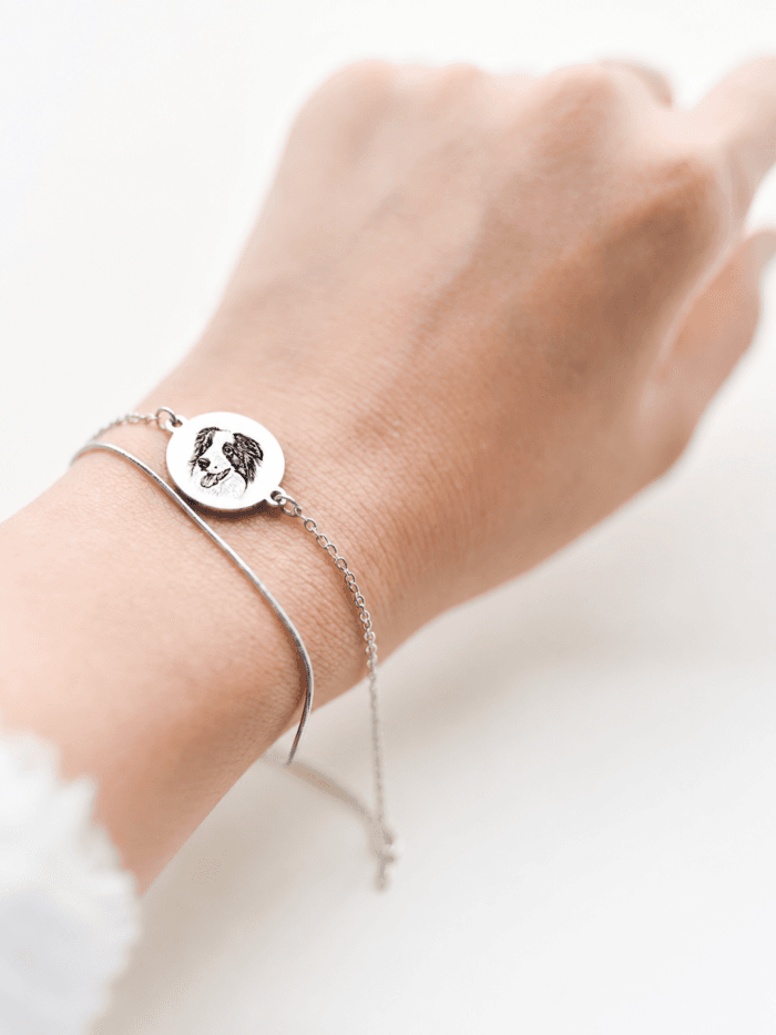 Silver-tone personalized pet face bracelet with delicate chain and custom portrait charm