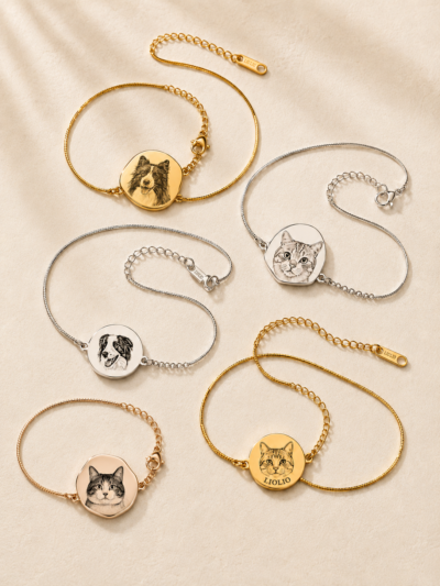 Custom pet portrait bracelets in gold-tone and silver-tone finishes with personalized dog and cat face charms