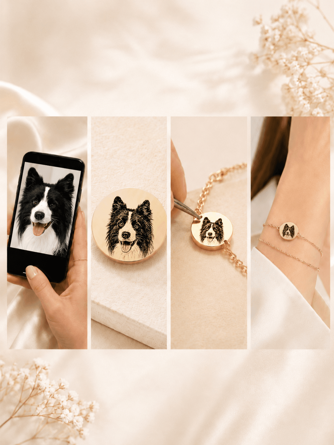 Four-step custom pet bracelet process from uploaded photo to finished personalized jewelry