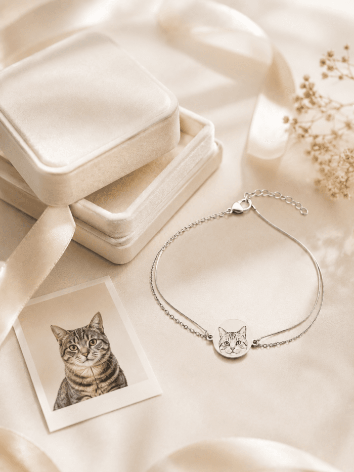 Woman wearing a gold custom pet portrait bracelet beside a black and white cat photo