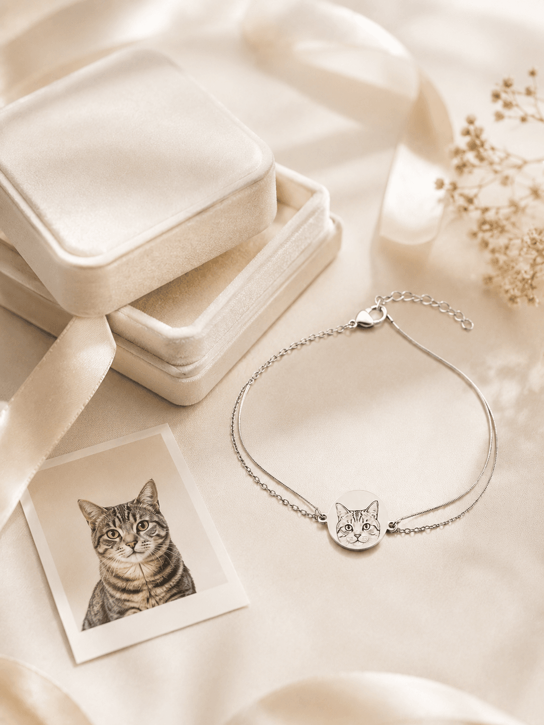 Woman wearing a gold custom pet portrait bracelet beside a black and white cat photo