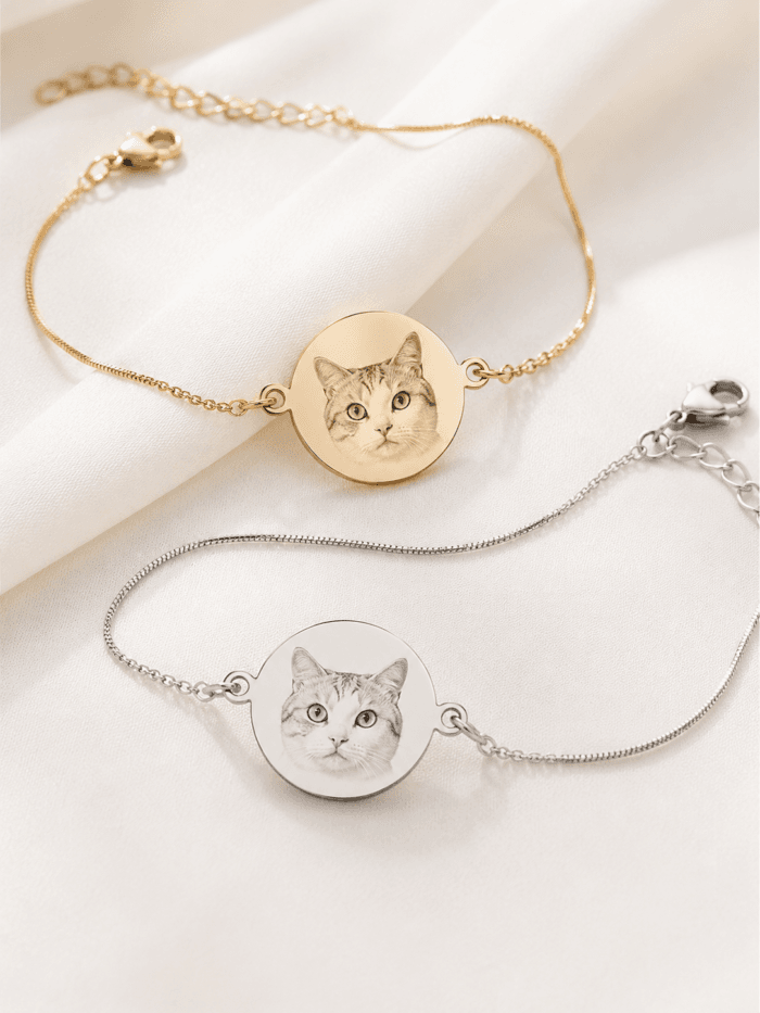Personalized pet portrait bracelet styled as a thoughtful gift beside a jewelry box and pet photo
