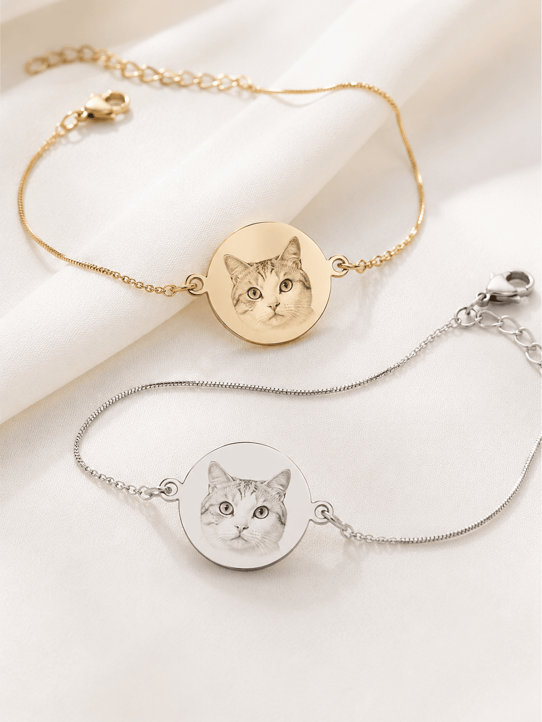 Personalized pet portrait bracelet styled as a thoughtful gift beside a jewelry box and pet photo