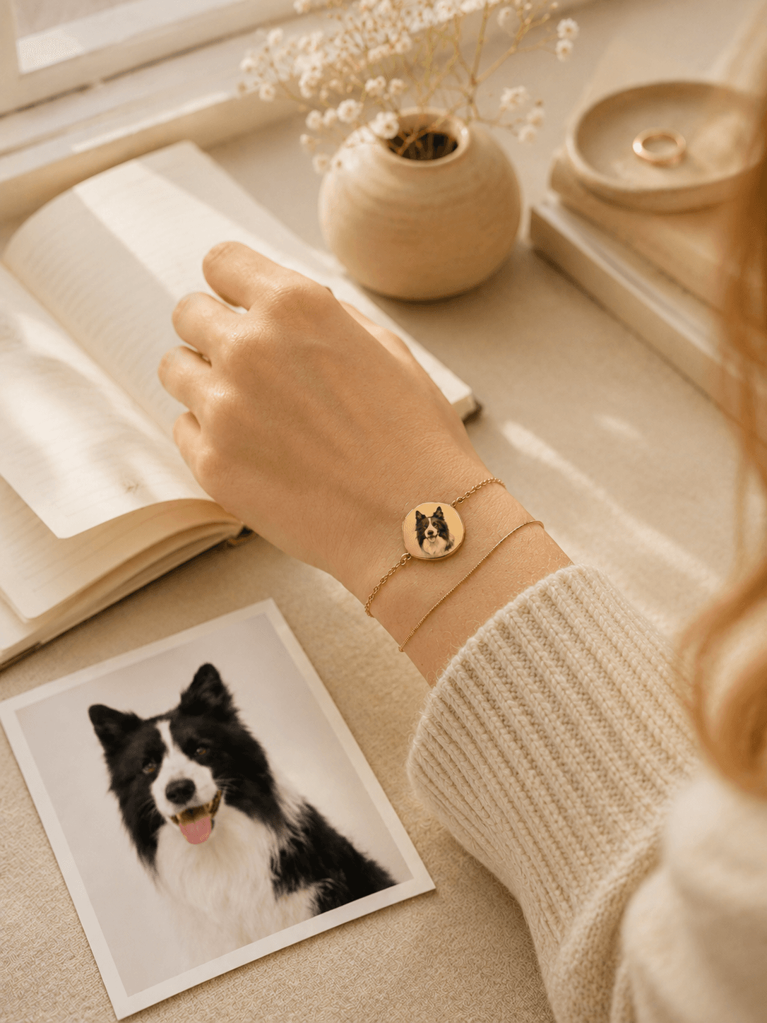 Custom Pet Portrait Bracelet detail and personalization image featuring personalized pet portrait bracelet jewelry