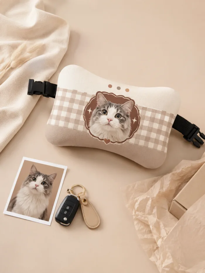 Custom Pet Portrait Car Headrest Pillow personalization example 2 showing personalized pet photo home gift