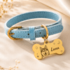 Color options for custom pet portrait collars in brown, blue, and pink with personalized charms
