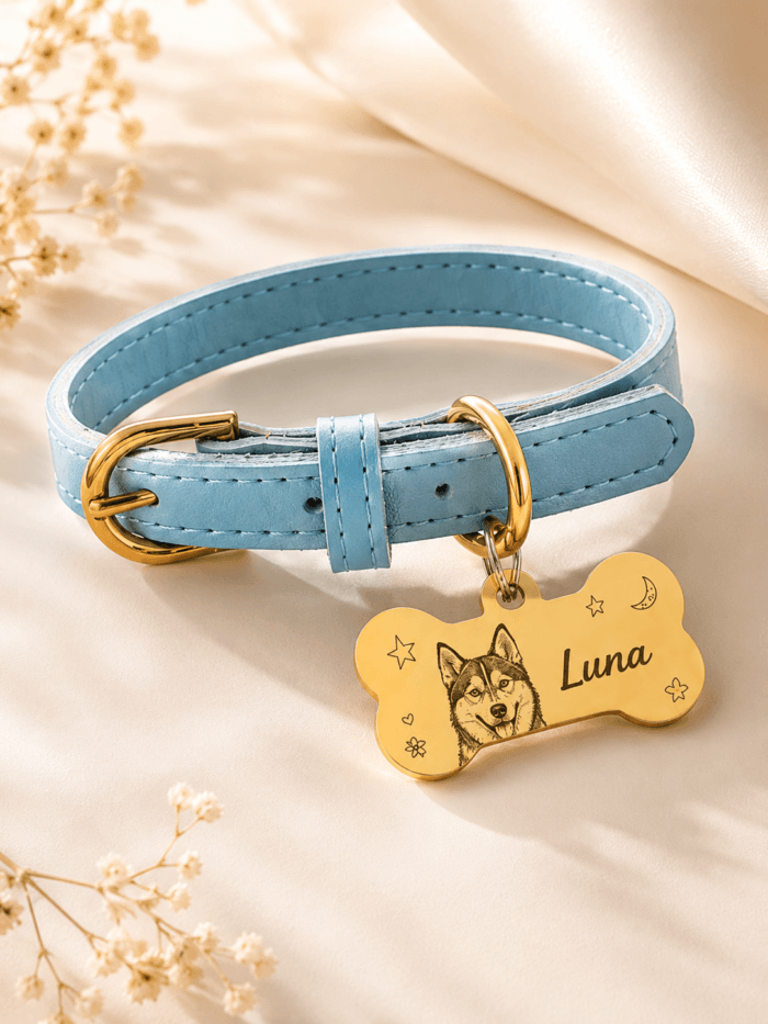 Color options for custom pet portrait collars in brown, blue, and pink with personalized charms