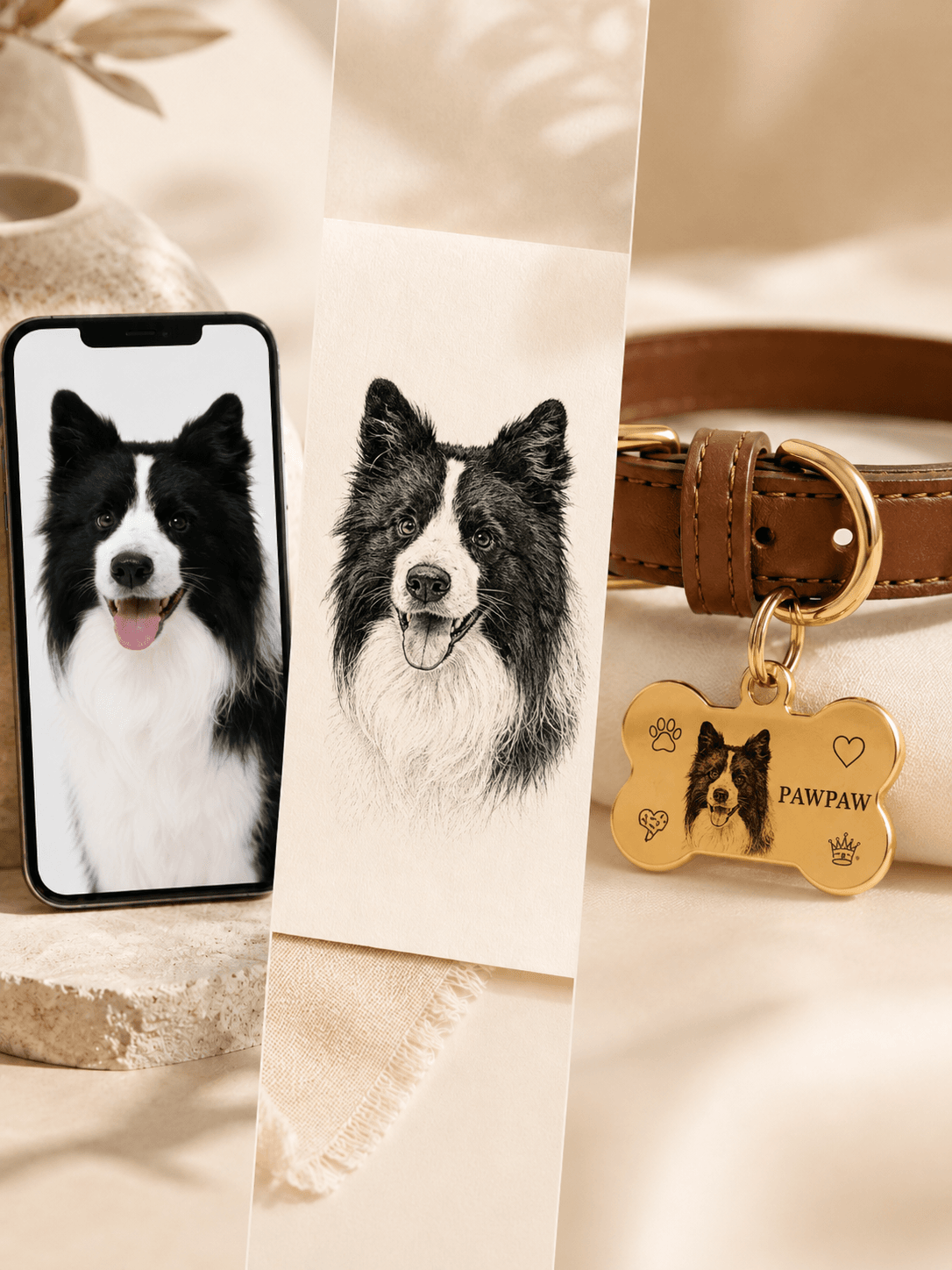 Four-step custom pet collar process from uploading a photo to creating a personalized portrait charm