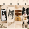 Pet photo customization process showing uploaded dog image, portrait design, and finished custom collar tag