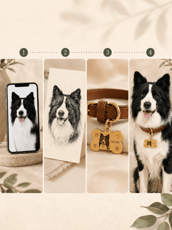 Pet photo customization process showing uploaded dog image, portrait design, and finished custom collar tag