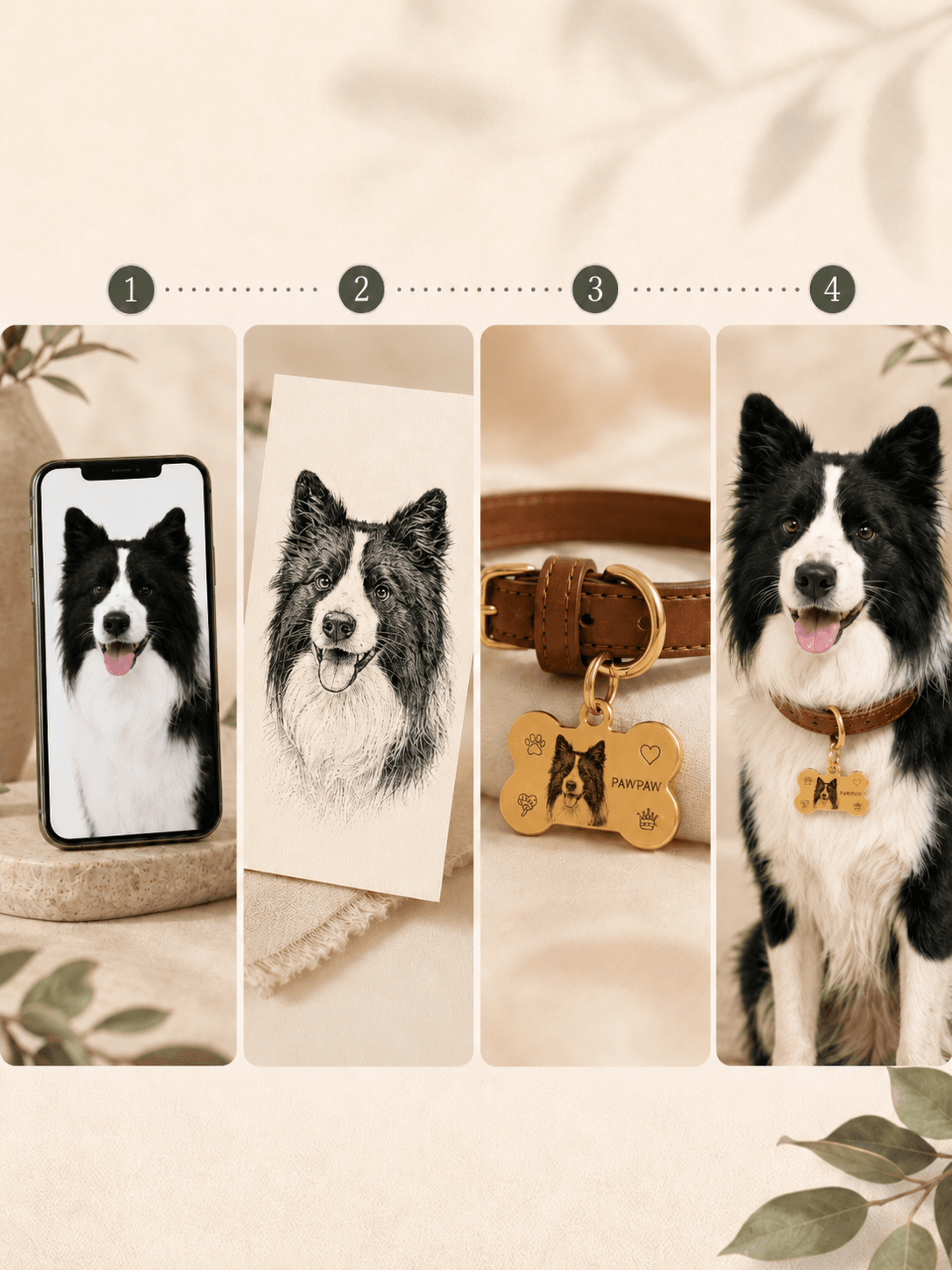 Pet photo customization process showing uploaded dog image, portrait design, and finished custom collar tag