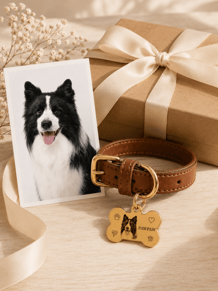 Custom Pet Portrait Collar detail and personalization image featuring custom pet portrait collar and photo tag design