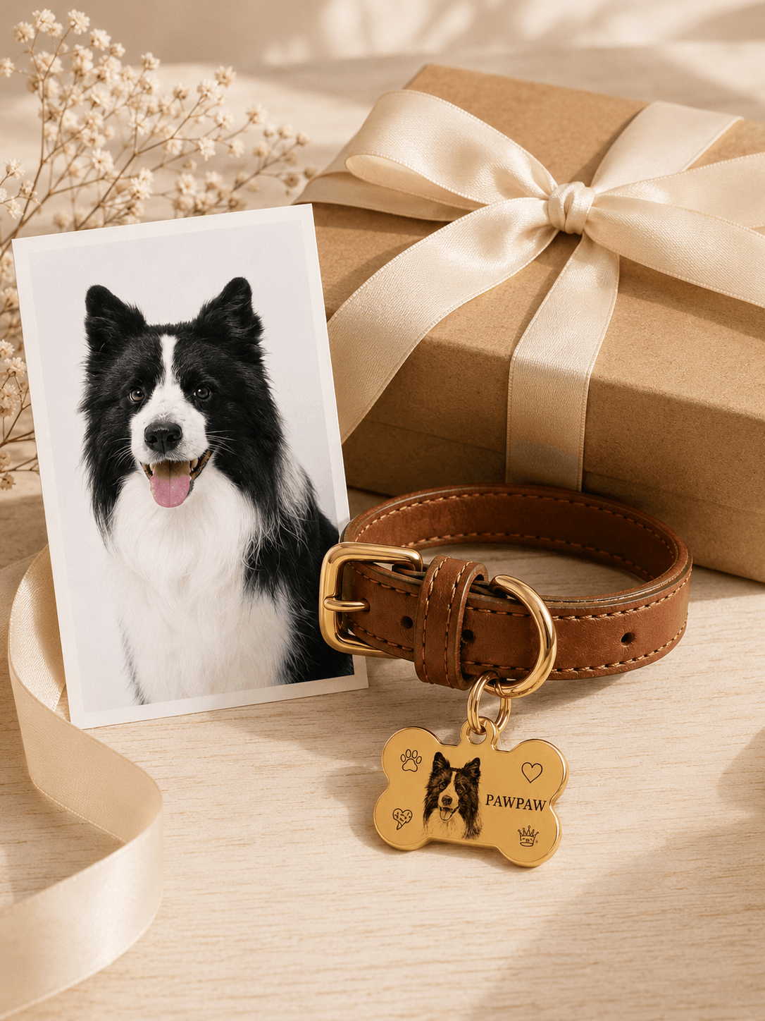 Custom Pet Portrait Collar detail and personalization image featuring custom pet portrait collar and photo tag design