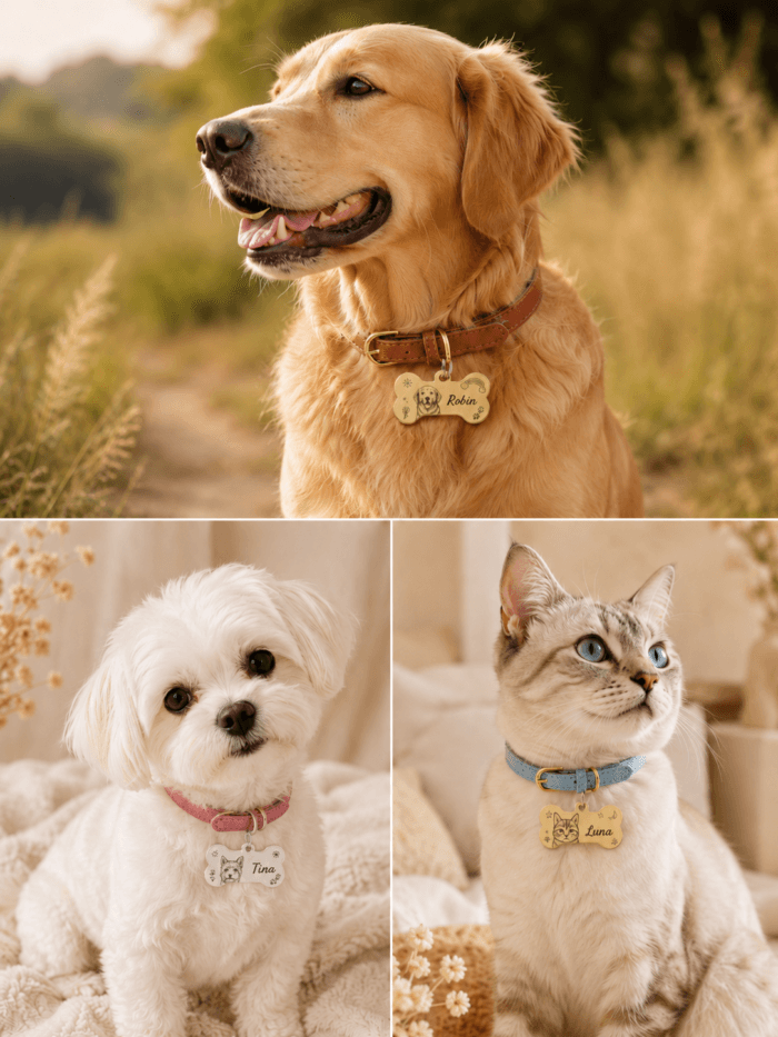 Dogs and cats wearing personalized portrait collars in everyday lifestyle settings