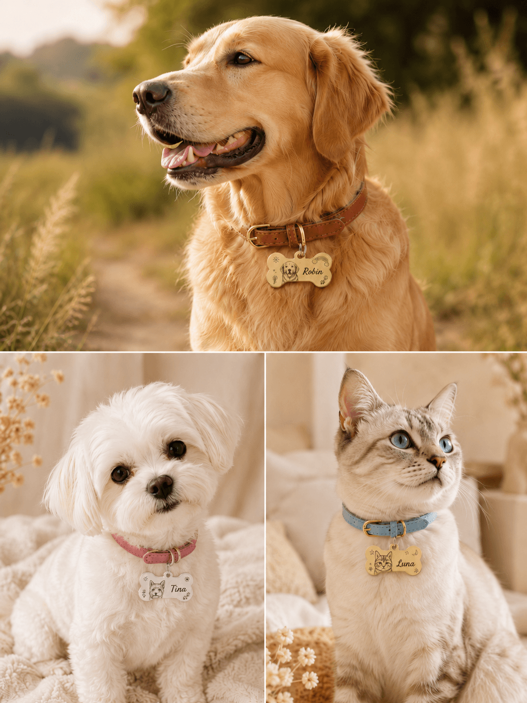 Dogs and cats wearing personalized portrait collars in everyday lifestyle settings