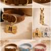 Color options for custom pet portrait collars in brown, blue, and pink with personalized charms
