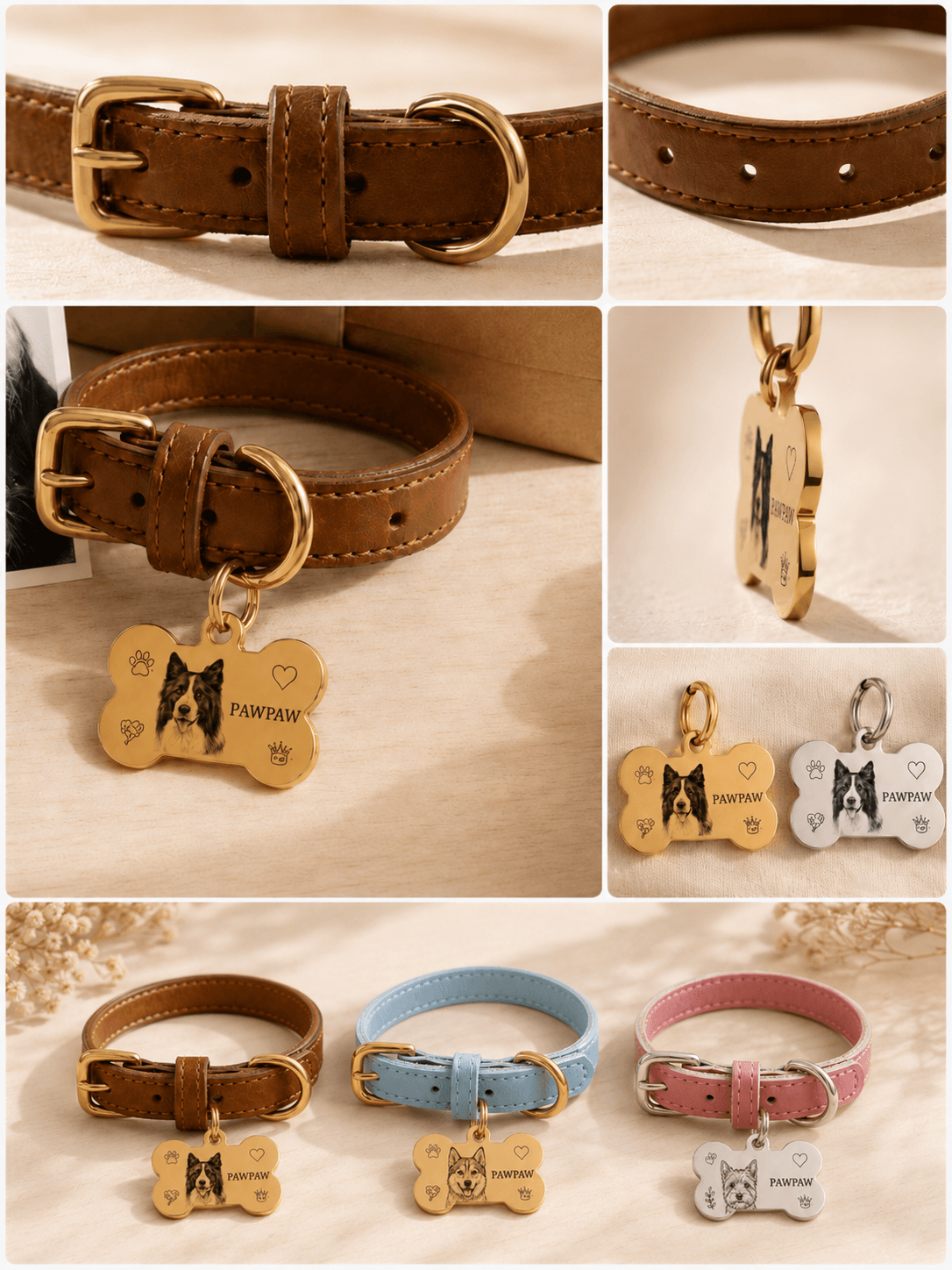 Color options for custom pet portrait collars in brown, blue, and pink with personalized charms
