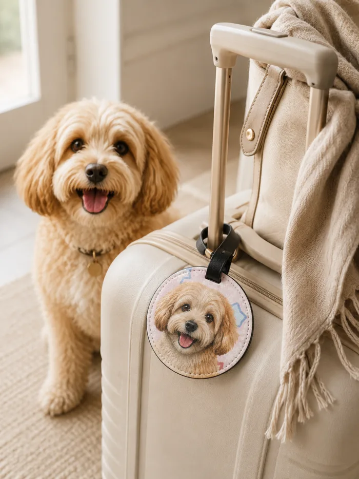 custom-pet-portrait-luggage-tag9 Custom Pet Portrait Luggage Tag personalization example 2 showing personalized pet portrait keepsake accessory