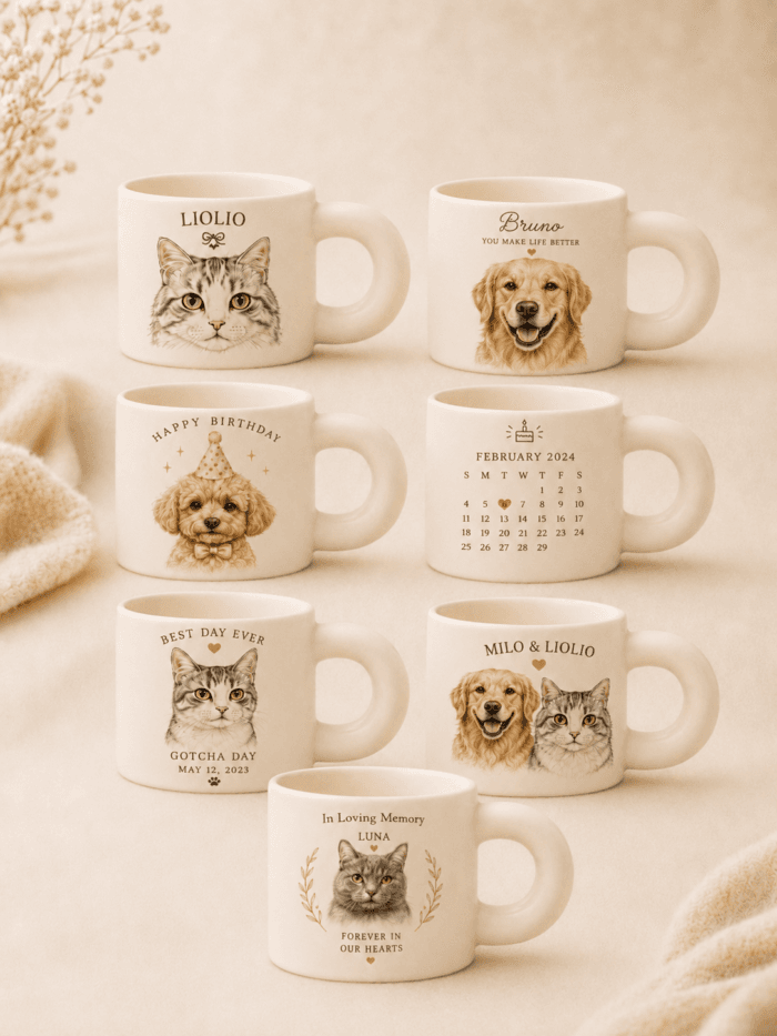 Custom Pet Portrait Mug detail and personalization image featuring personalized dog or cat portrait mug artwork