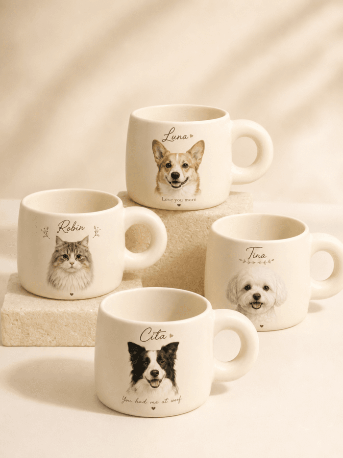 Custom Pet Portrait Mug lifestyle product image featuring personalized dog or cat portrait mug artwork
