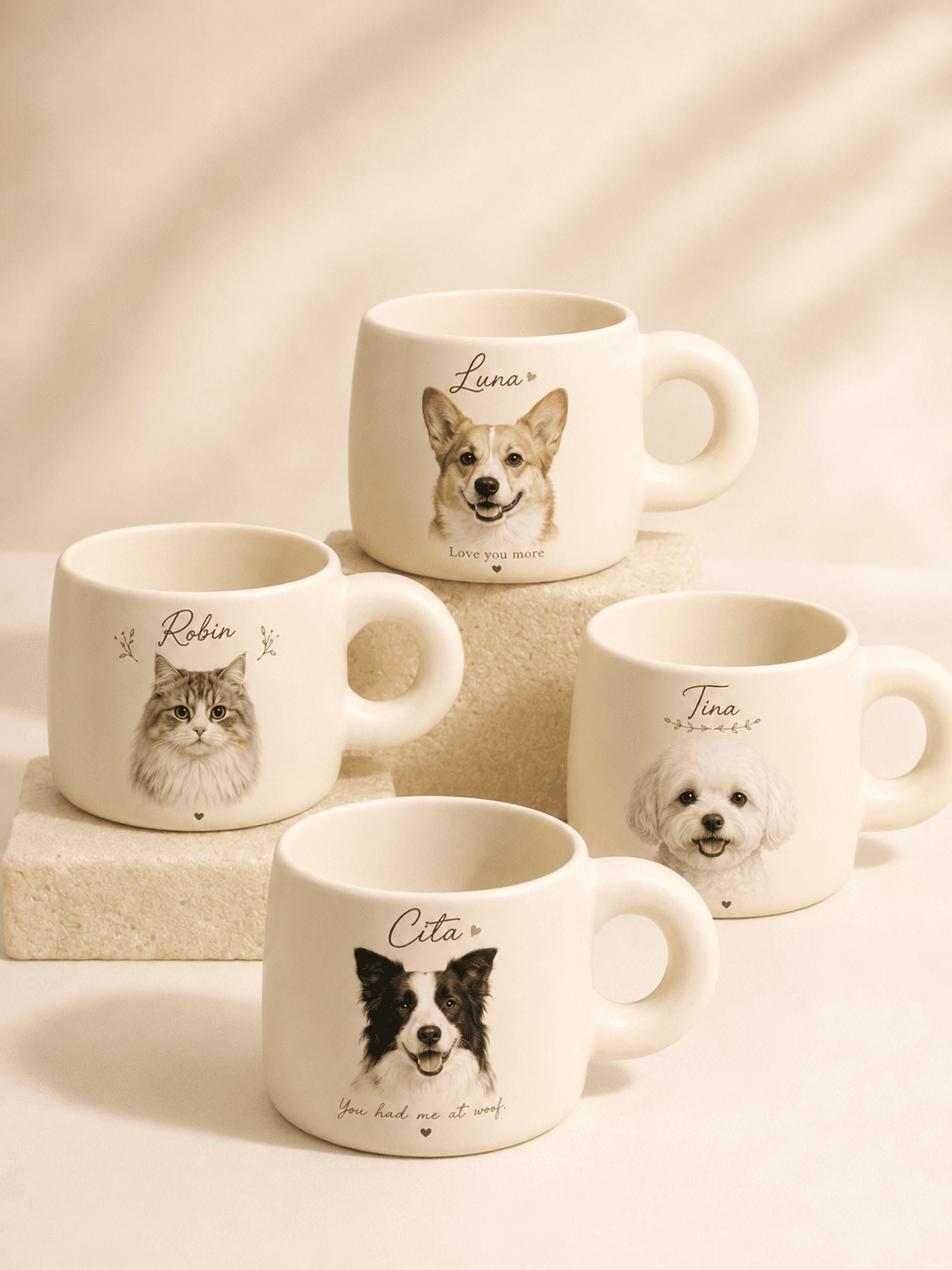 Custom Pet Portrait Mug lifestyle product image featuring personalized dog or cat portrait mug artwork