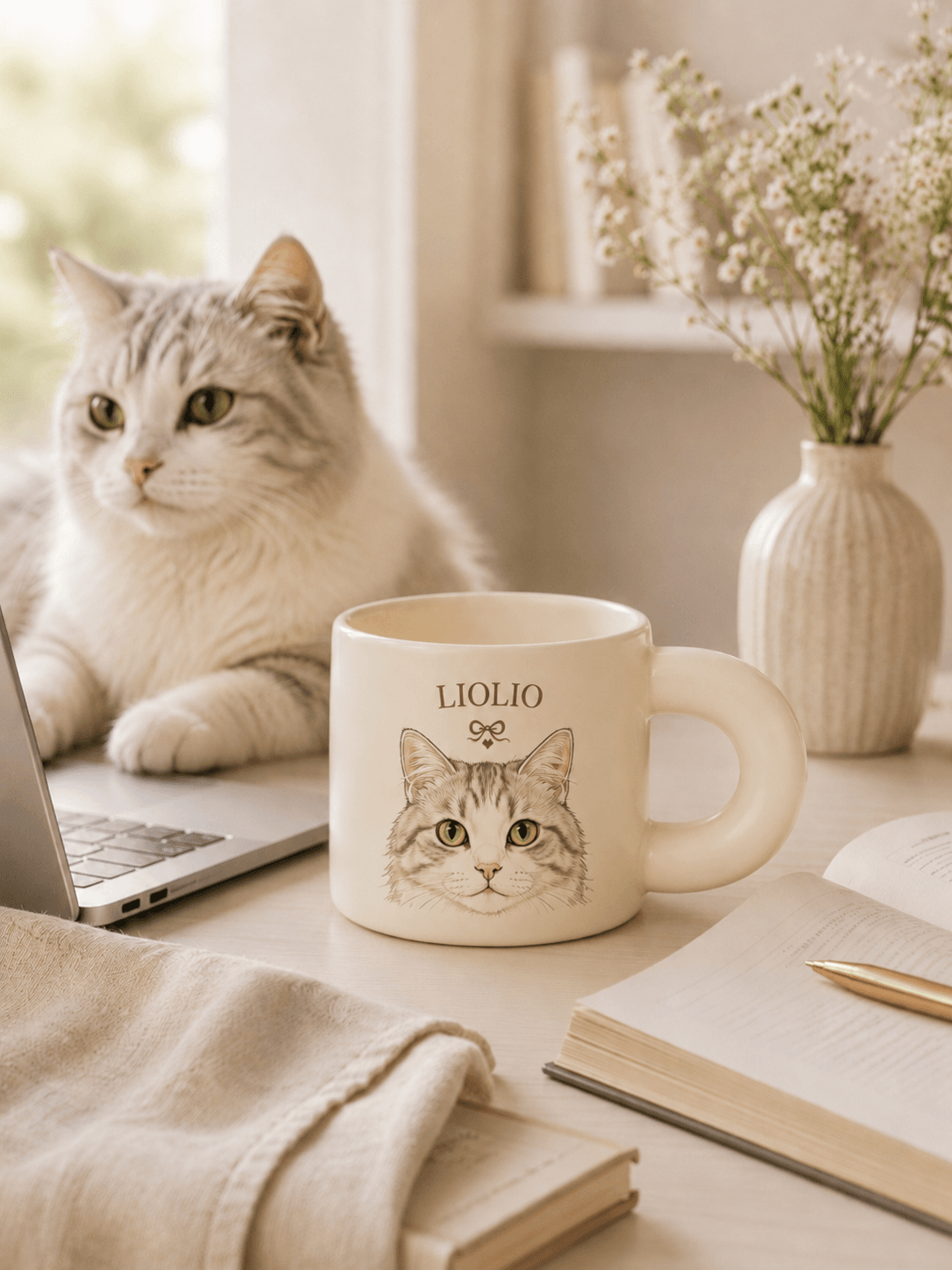 Custom Pet Portrait Mug lifestyle product image featuring personalized dog or cat portrait mug artwork