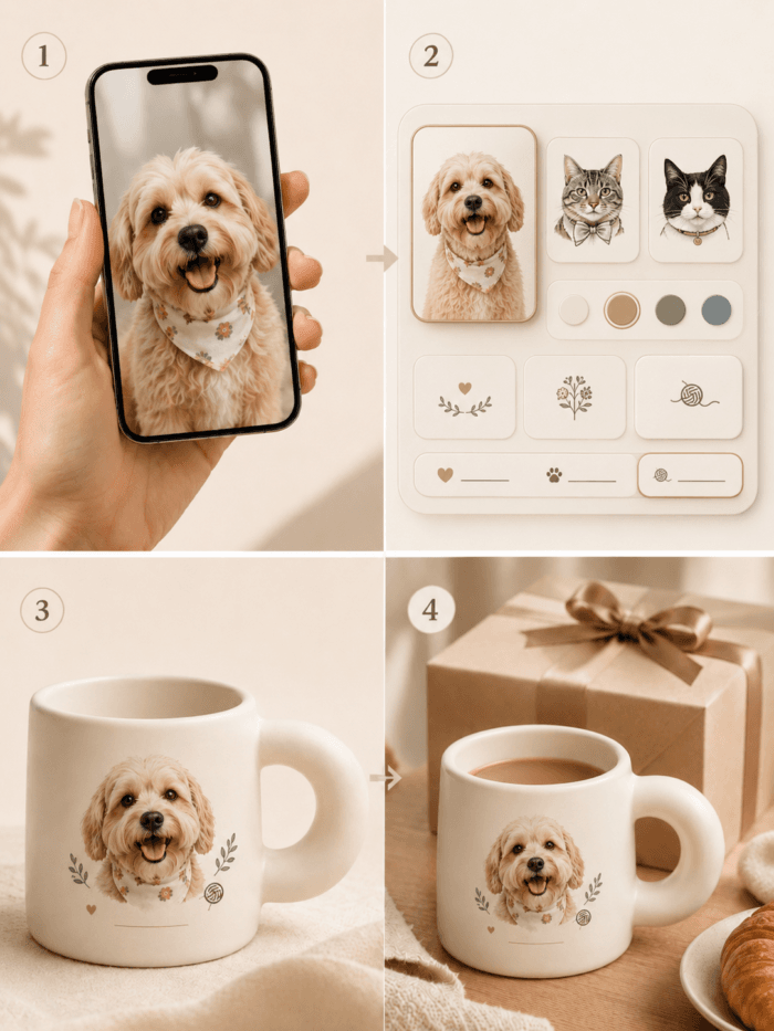 Custom Pet Portrait Mug detail and personalization image featuring personalized dog or cat portrait mug artwork