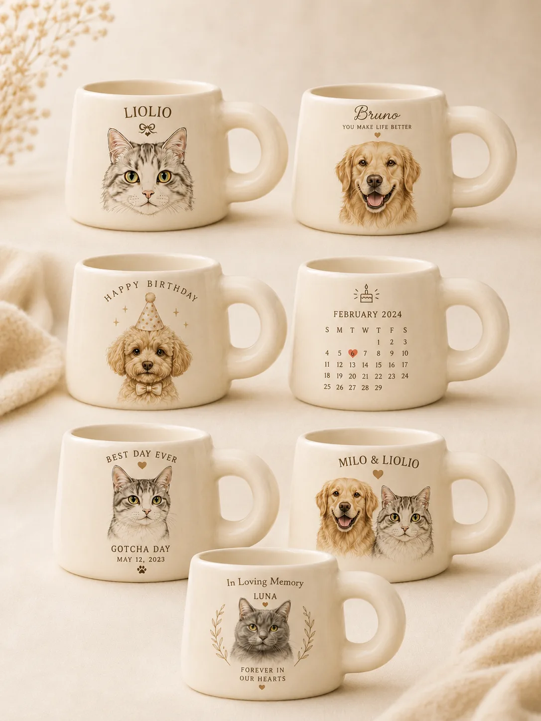 Custom pet portrait mugs personalized with dog and cat photos and text