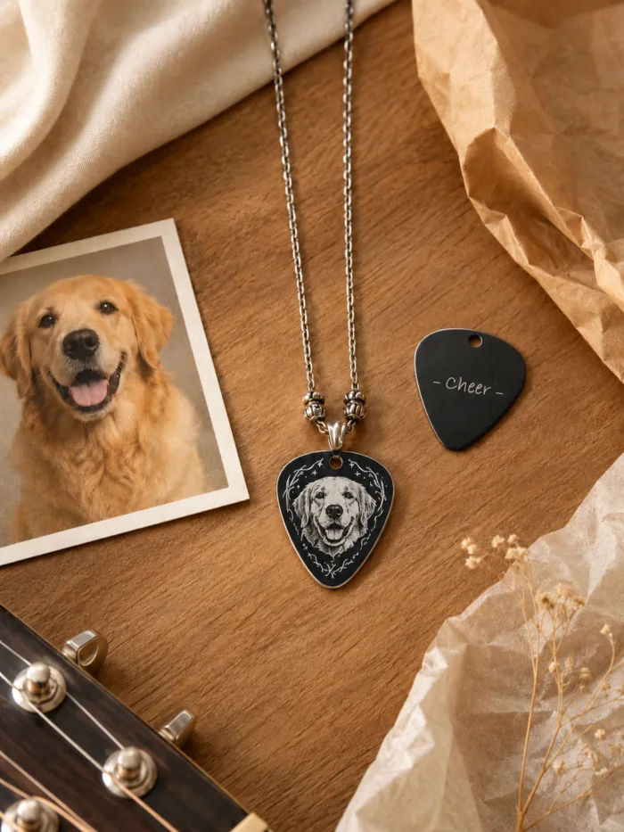 Custom Pet Portrait Pick Necklace personalization example 2 showing personalized pet portrait keepsake accessory