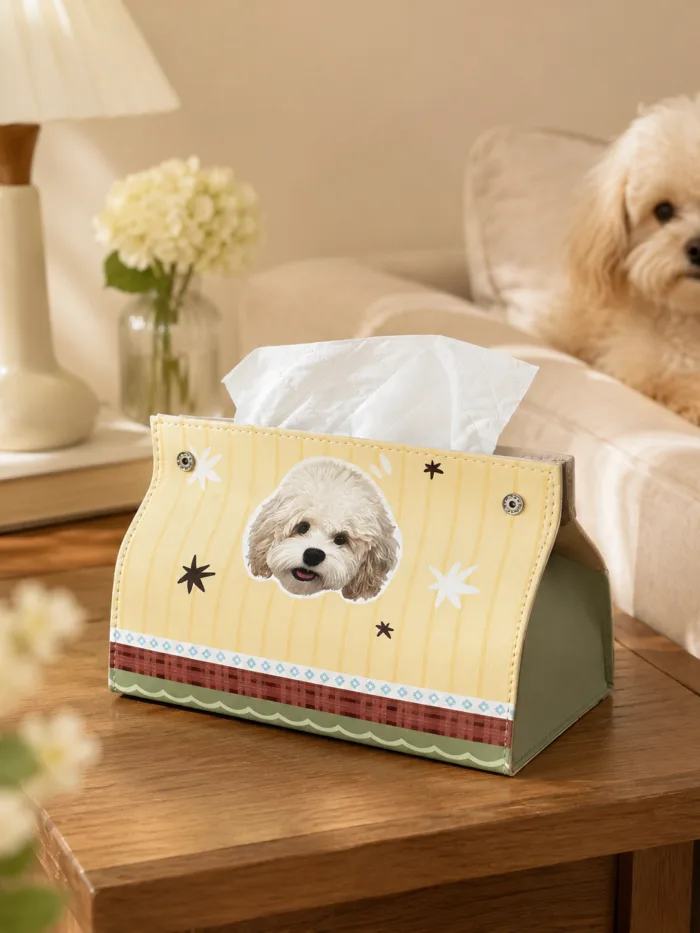 custom-pet-portrait-tissue-box-cover1 Custom Pet Portrait Tissue Box Cover hero image 2 showing custom pet portrait gift made from a customer photo