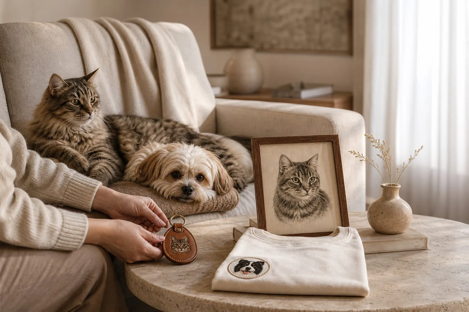 Warm home scene with personalized pet keepsakes