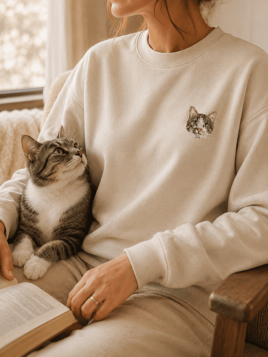 Custom Embroidered Pet Portrait Crewneck Sweatshirt by IPAWLIO, personalized pet photo gift for dog and cat lovers