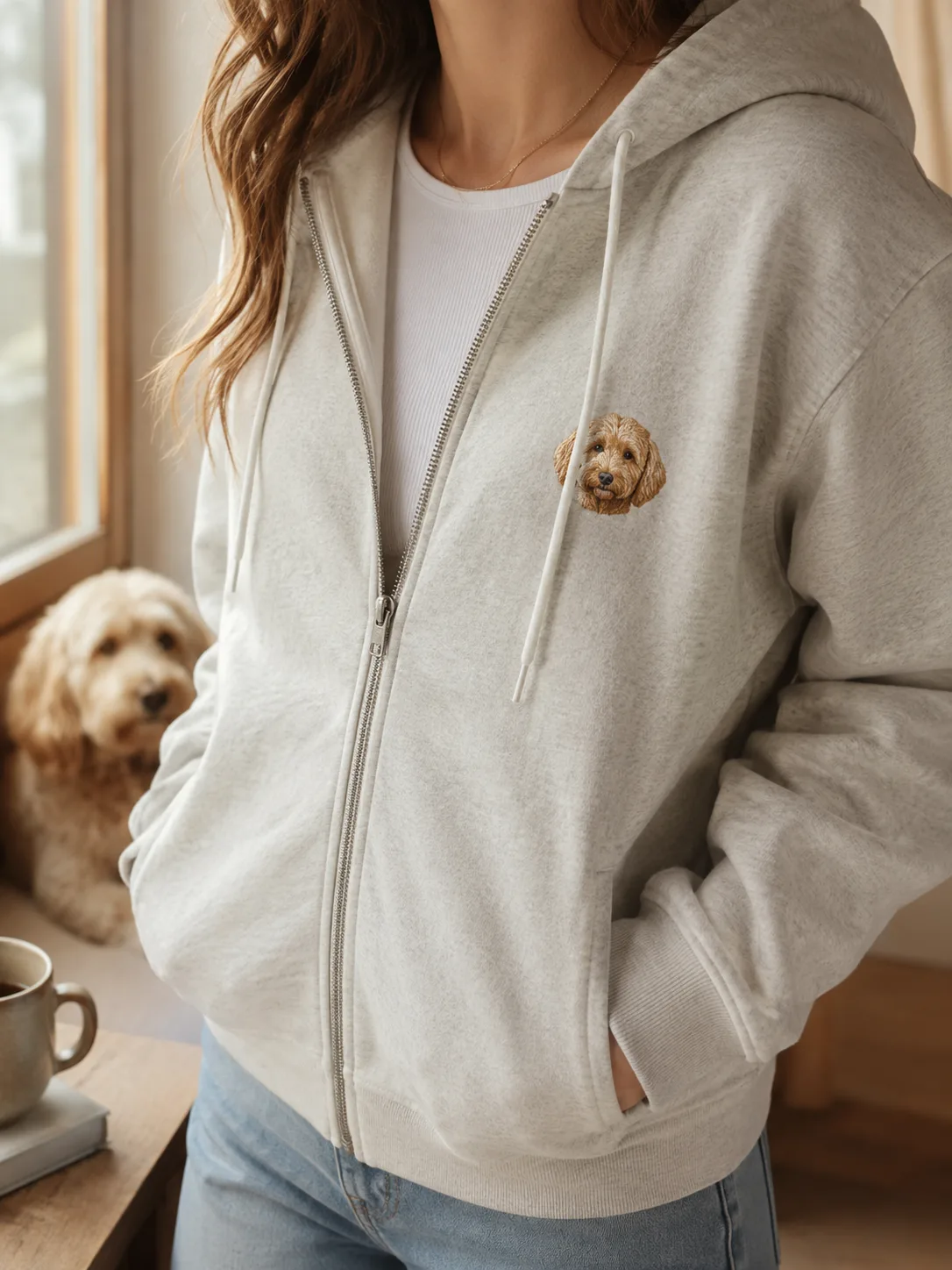 Custom Embroidered Pet Portrait Zip-Up Hoodie by IPAWLIO, personalized pet photo gift for dog and cat lovers