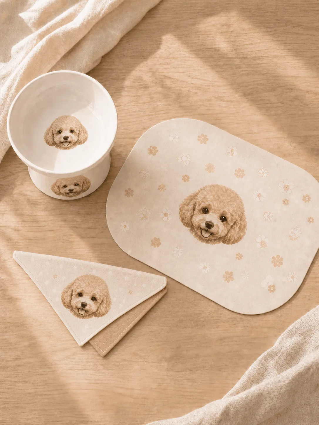 Everyday dining custom pet gift set with portrait bowl, feeding mat, and triangular reversible bandana