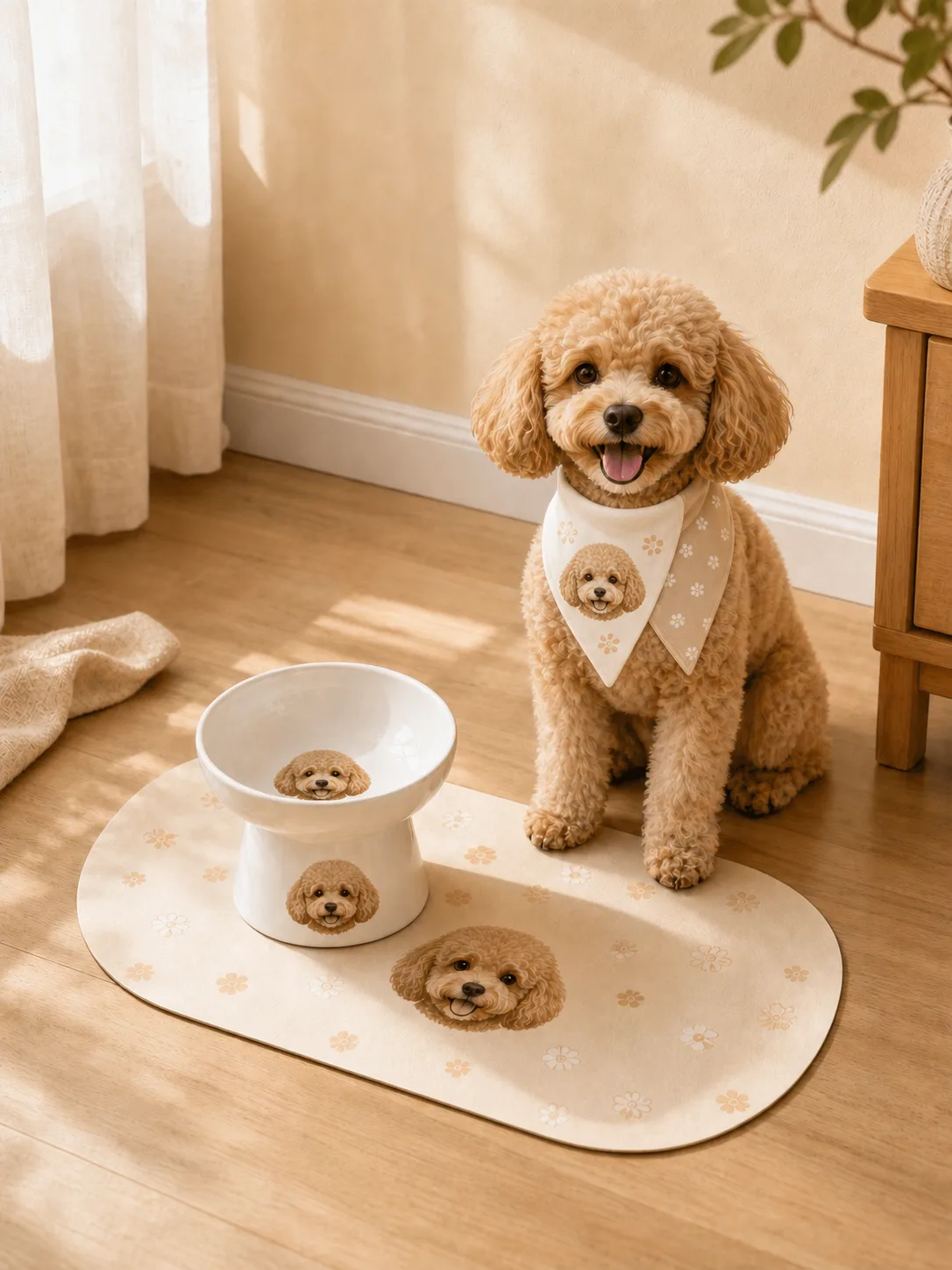 Custom pet gift set with portrait bowl, feeding mat, and bandana