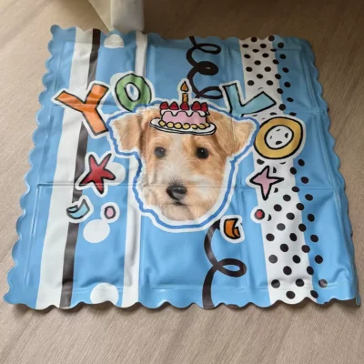 Sample custom pet photo cooling mat, full view with scalloped edge