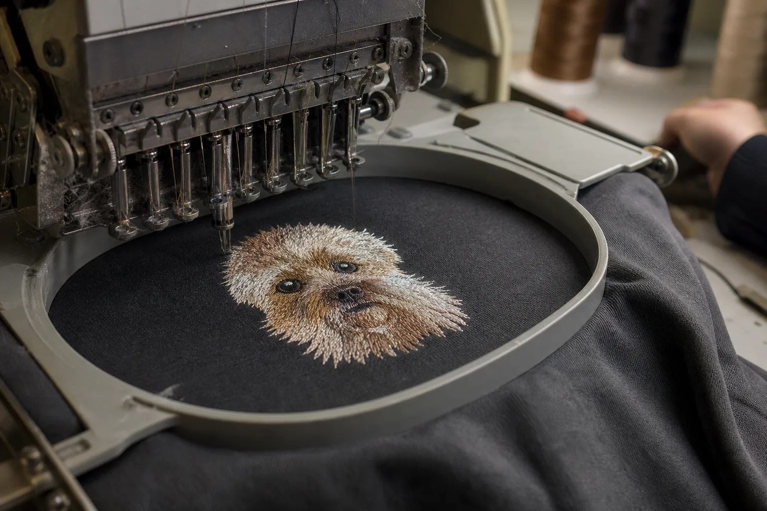 Embroidery machine stitching a custom dog portrait onto a charcoal sweatshirt